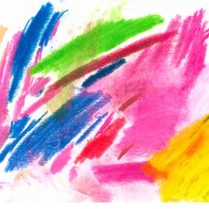 Abstract drawing, pastels on paper, bright colours mostly pink, yellow, blue and green. Composed of different think pastels lines.