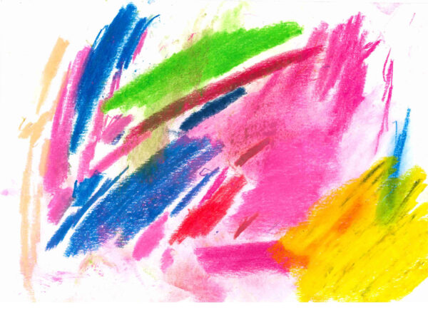 Abstract drawing, pastels on paper, bright colours mostly pink, yellow, blue and green. Composed of different think pastels lines.