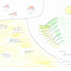 A drawing of a beach with coloured pencil. Stick figured people lay on the yellow sand with green and yellow waves.
