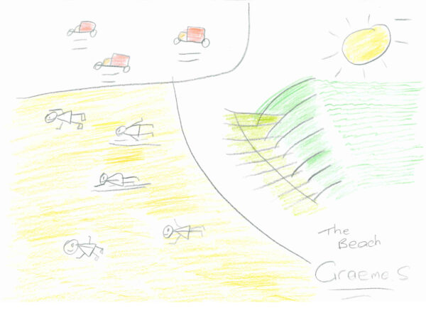 A drawing of a beach with coloured pencil. Stick figured people lay on the yellow sand with green and yellow waves.