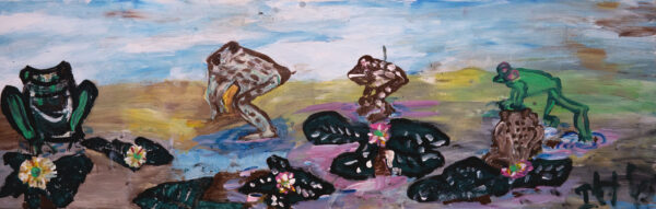 Four frogs ‘leapfrogging’ on lilypads. Pinks, blues, yellows, browns and greens fill this artwork with colour and the landscape format creates a sense of movement and life.
