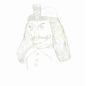 Pencil sketch head to torso of Vlad the Impaler, grey lead on white background. Long, shoulder length hair covered on top by a small cap, small circle details on the brim. Features of face are angular and pointed, eyes stare to the distance and a cloak covers his shoulders.