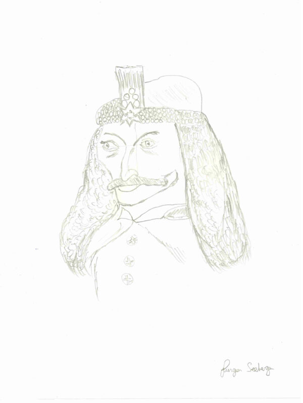 Pencil sketch head to torso of Vlad the Impaler, grey lead on white background. Long, shoulder length hair covered on top by a small cap, small circle details on the brim. Features of face are angular and pointed, eyes stare to the distance and a cloak covers his shoulders.