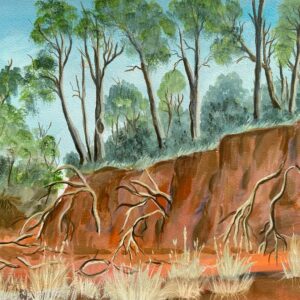 Landscape painting of Werribee Gorge. Tall gumtrees, with vibrant green leaves contrasting the soft, blue sky. grow on a cliff that is cut to show the tree roots. Rich reds, browns and oranges create the gorge below, scattered bunches of yellow straw grass, dead tree branches are hanging from the earth walls.