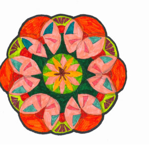 Drawing of a mandala with black pen and geometric shapes coloured different colours.