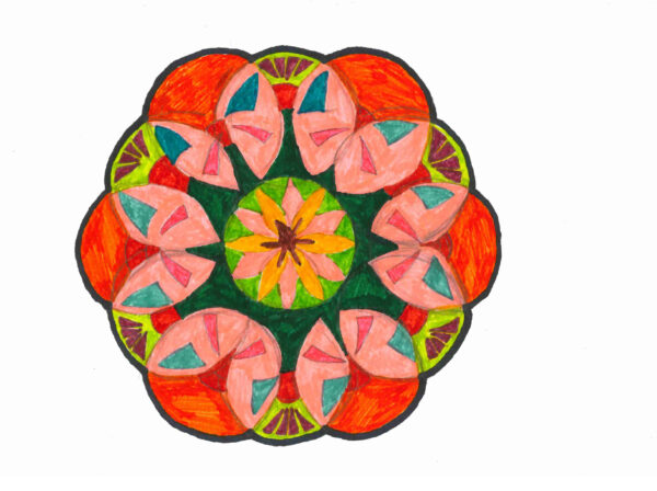 Drawing of a mandala with black pen and geometric shapes coloured different colours.