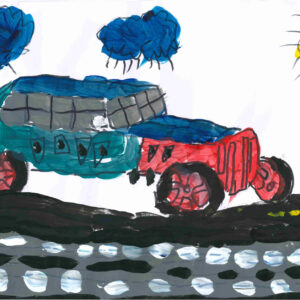 A blue, turquoise and red truck driving on a black road with white lines. Above there are two blue rainclouds and a yellow sun.