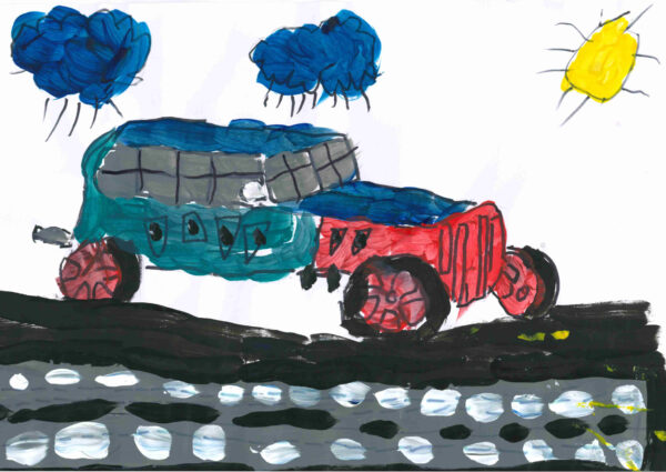 A blue, turquoise and red truck driving on a black road with white lines. Above there are two blue rainclouds and a yellow sun.