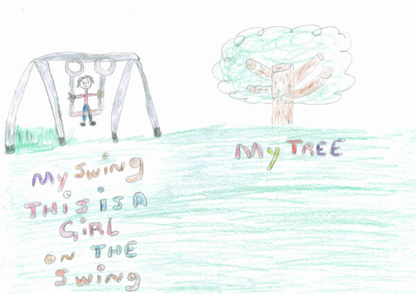 Coloured pencil on white paper, an a-frame swing on left side with figure sitting on swing, underneath are the handwritten words in assorted colours, My Swing This is A Girl on The Swing. On the right is a tree with green swirls for leaves and a brown trunk. Beneath are the words in assorted colours, My Tree.