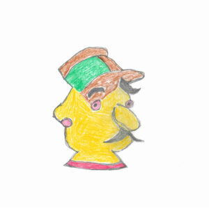 Drawing of a man’s face that is yellow, he has a moustache, a long nose, and he is wearing a brown and green cap. He has red eyes and ears, and a red collar.
