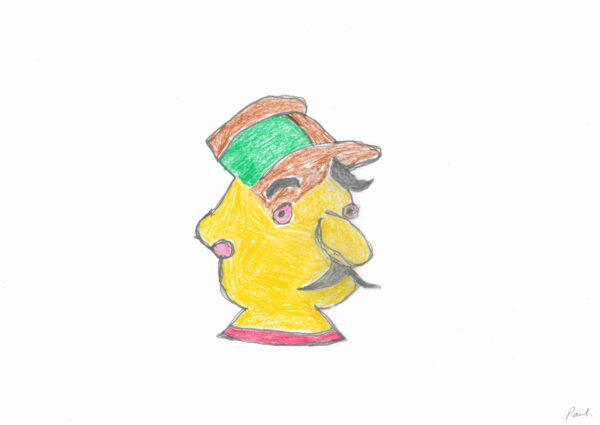 Drawing of a man’s face that is yellow, he has a moustache, a long nose, and he is wearing a brown and green cap. He has red eyes and ears, and a red collar.