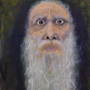 Self portrait of a man with grey hair and a long grey beard with intense brown eyes that are open wide. The painting has a black background with green and yellow at the top. The paint is applied evenly and flat. The beard has a whispy quality.