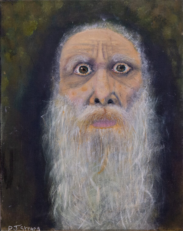 Self portrait of a man with grey hair and a long grey beard with intense brown eyes that are open wide. The painting has a black background with green and yellow at the top. The paint is applied evenly and flat. The beard has a whispy quality.