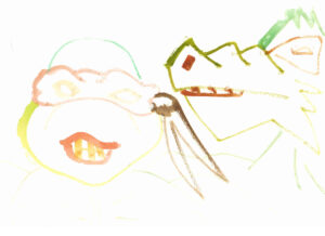 Roman’s artwork is a dyptich. Both images are of a turtle and a dragon, anime in style; one rendered in black permanent marker and the other in watercolours using greens, browns and pinks.