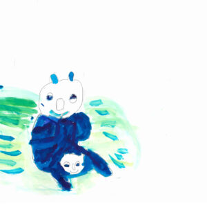 The drawing has a small and large blue panda, mother and child. The figures are placed on the lower mid left of the paper. The panda has green and blue strokes around it.