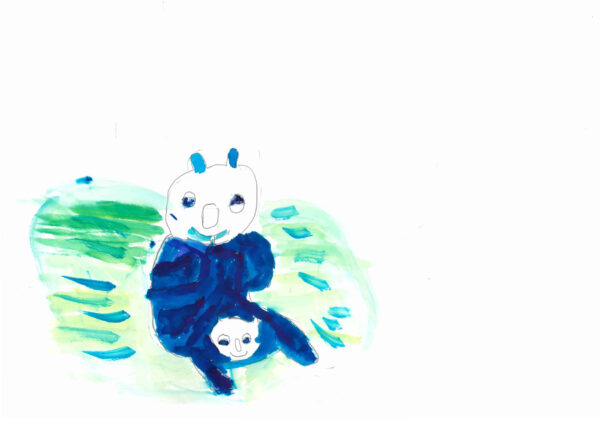 The drawing has a small and large blue panda, mother and child. The figures are placed on the lower mid left of the paper. The panda has green and blue strokes around it.