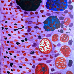 Acrylic painting on canvas of purple and red rubies. Three soft sculptures in heart shapes nearby.