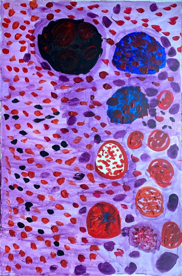 Acrylic painting on canvas of purple and red rubies. Three soft sculptures in heart shapes nearby.