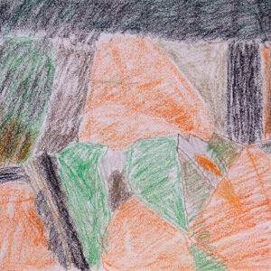 Large pastel abstract drawing, geometric organic like shapes cover the paper. Orange in the middle surrounded by brown, green and black blocks.