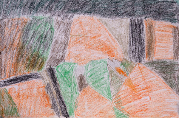 Large pastel abstract drawing, geometric organic like shapes cover the paper. Orange in the middle surrounded by brown, green and black blocks.