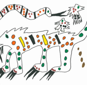 A stylised texta drawing of a saber-toothed tiger, a snake and two kookaburras, inspired by Australian Aboriginal art. The bodies are outlined in black and filled with coloured circles and rectangles.