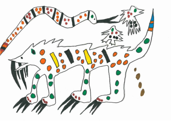 A stylised texta drawing of a saber-toothed tiger, a snake and two kookaburras, inspired by Australian Aboriginal art. The bodies are outlined in black and filled with coloured circles and rectangles.