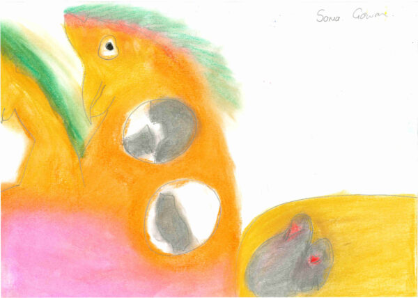 A bird-like creature form that covers almost half of the paper, its body of bright orange and pink with a green crest, prominent peak and eyes. Within the body are 3 egg-like cirlces with grey bird-like forms inside.