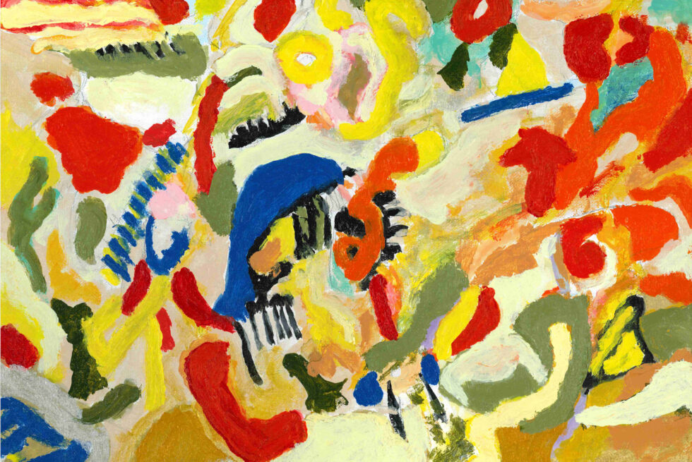 Abstract painting of shapes and patterns in reds, blues, yellows, greens and silver. Curved lines with some paint thickly applied in sections. Edges of the canvas are painted red.