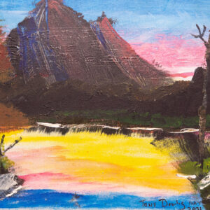 A mountain and lake scene rendered in acrylic paint. Three mountains of rich browns stand before a sunrise sky of blue and pink. Below is a lake of yellow with pink hues, lapping the rocks above. The combination of colours have a sci-fi effect.