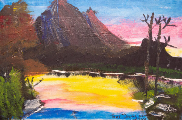 A mountain and lake scene rendered in acrylic paint. Three mountains of rich browns stand before a sunrise sky of blue and pink. Below is a lake of yellow with pink hues, lapping the rocks above. The combination of colours have a sci-fi effect.