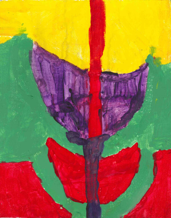 Abstract painting, acrylic on board. A line in the middle painted in red and purple. Two pod-like shapes placed on the line. Few geometric placements in yellow, red and green.
