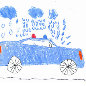 A blue police car beneath a yellow sun and blue clouds that are raining. The wheels, road and exhaust are rendered in black texta and the rest is rendered in oil pastels with a red siren, orange headlights and a yellow sun.