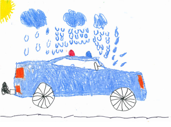 A blue police car beneath a yellow sun and blue clouds that are raining. The wheels, road and exhaust are rendered in black texta and the rest is rendered in oil pastels with a red siren, orange headlights and a yellow sun.