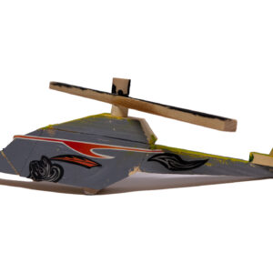 Small model of a helicopter made from wood. The body is painted grey with a red sticker like an upside-down wave across the cockpit area. Below there is a sticker of black swirls. The propeller has been left bare with a touch of black paint on the top.