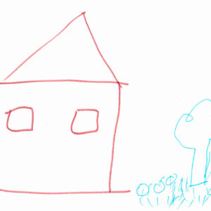 A drawing of a house with two windows and a pointy roof in red toutline and on the right, a tree and grass in green outline.