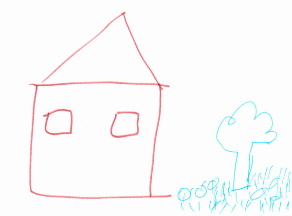 A drawing of a house with two windows and a pointy roof in red toutline and on the right, a tree and grass in green outline.