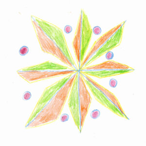 A drawing of a star in coloured pencil. There are eight points, each coloured half green and half orange. Between each point is a small circle of purple.