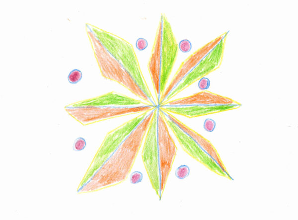 A drawing of a star in coloured pencil. There are eight points, each coloured half green and half orange. Between each point is a small circle of purple.