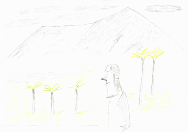 Landscape drawing with coloured pencils. In the background is a mountain range with single palm trees in front. In the foreground is a statue figure with a square helmet.