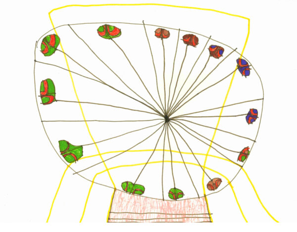 A texta drawing on paper of a ferris wheel. A circular shape with black lines from the rim into slightly right of centre. Every second line ends with a small carriage of either green and orange or blue and red. There are 13 carriages. The frame of the ferris wheel is yellow with a brown base.