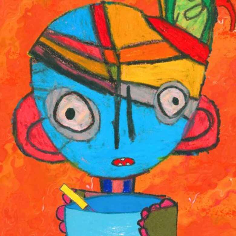 a blue robot in front of red