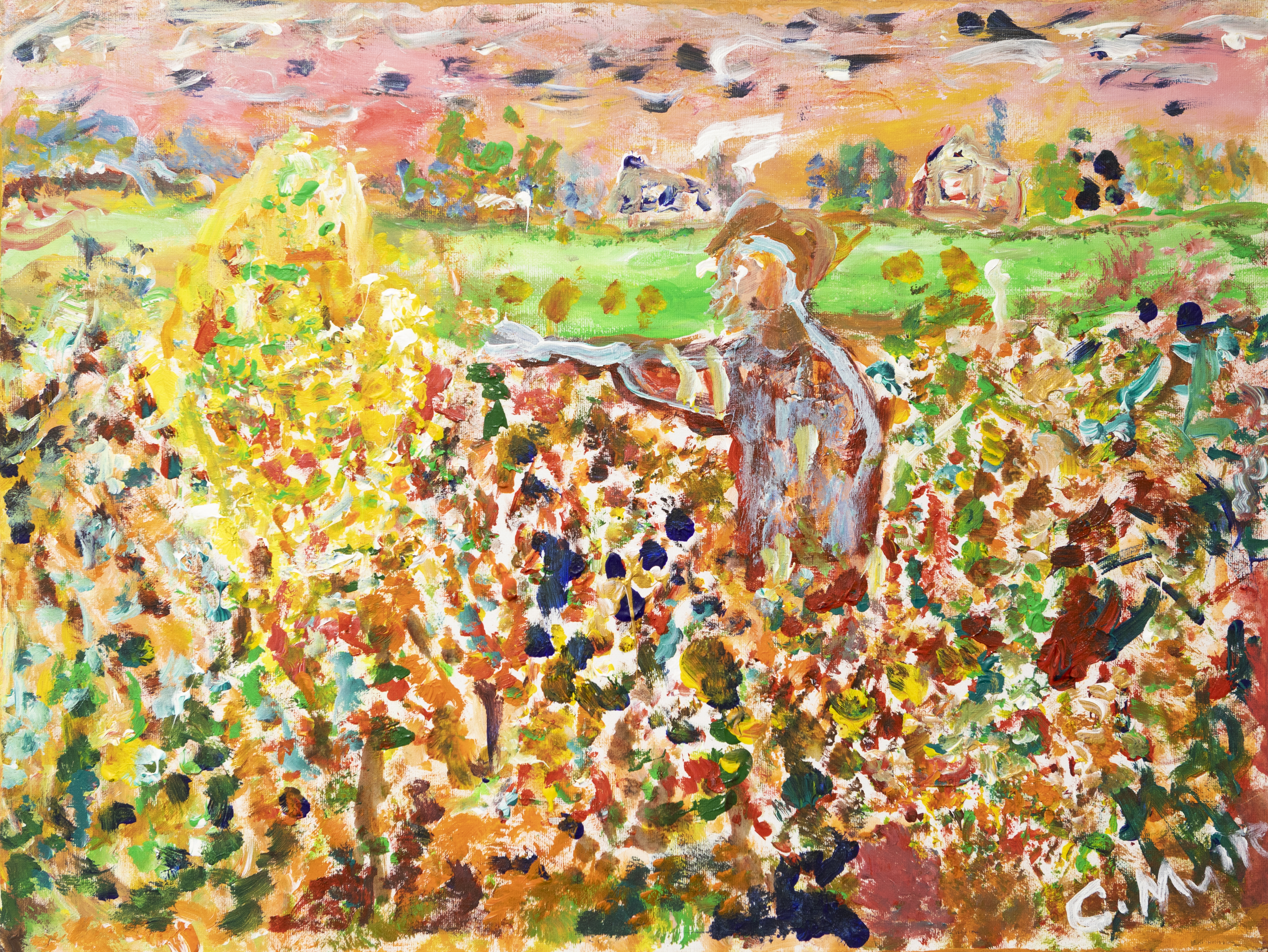 A man stands in a field of flowers, painted in expressive dots.