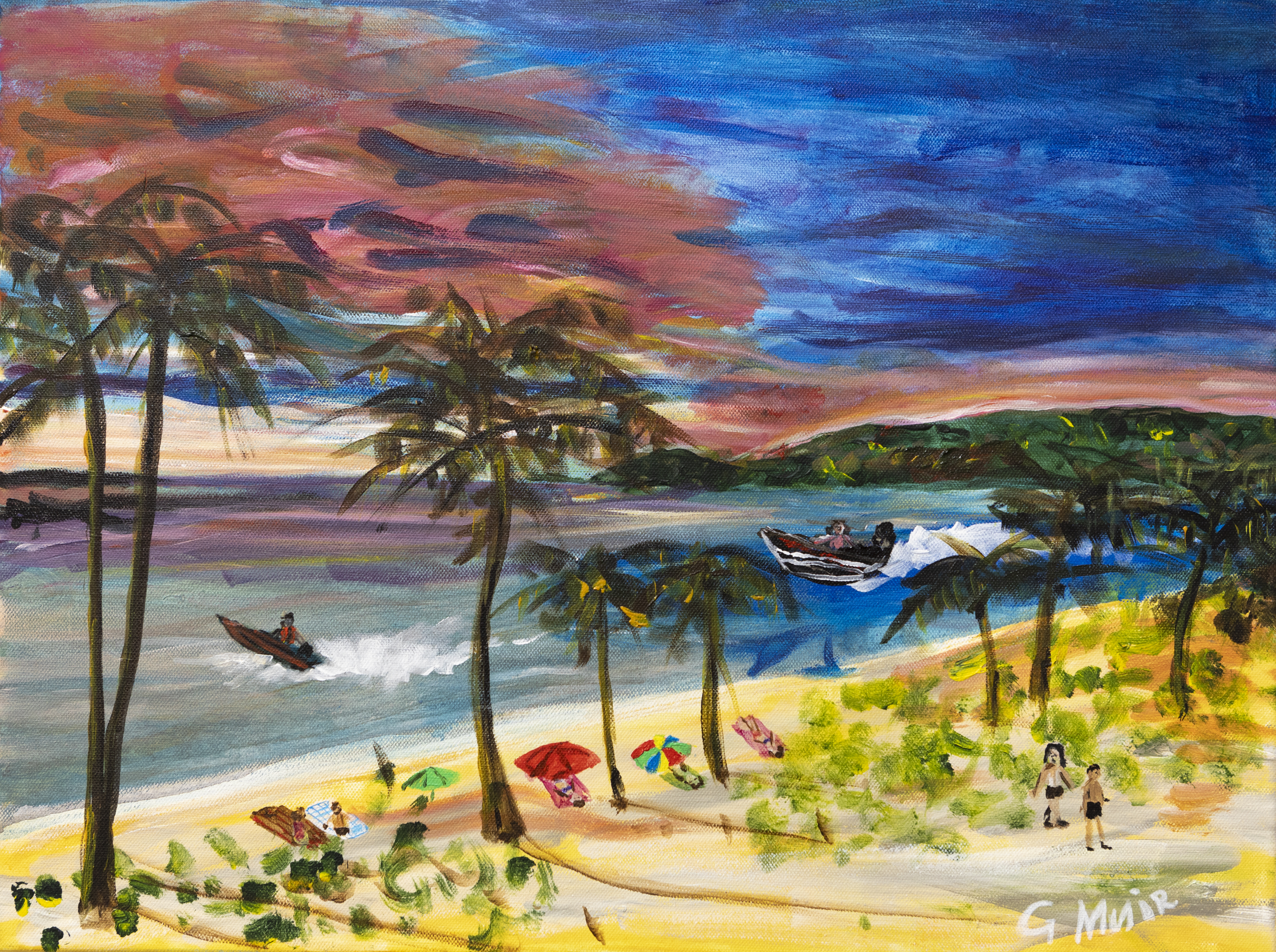 A beach scene with yellow sand with people sunbaking. Boats glide through the water and palm trees line the shore.
