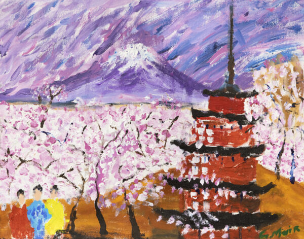 Mount Fuji with cherry blossoms in the foreground.