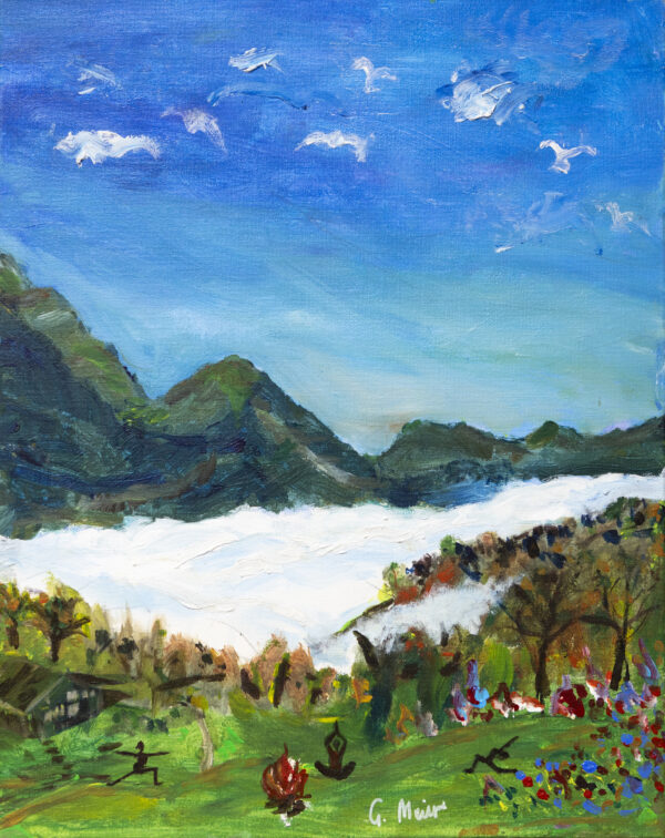 Painting of a snowy valley among tall, green mountains. White birds fly against a bright blue sky and people stretch by a campfire.