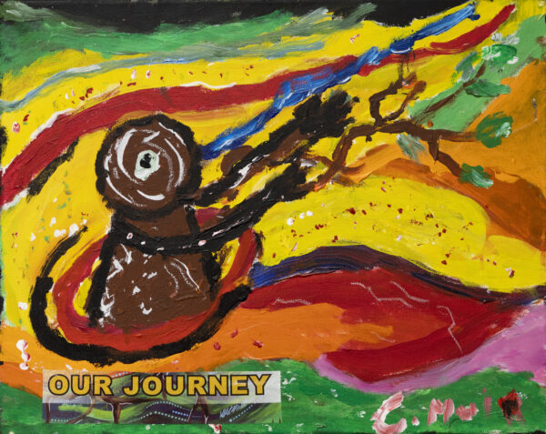 Amidst a rainbow swirl of painted colours is the cartoon-like depiction of an Aboriginal elder, arms outstretched extending a tree branch with a few leaves at its end. Underneath the Elder is printed in all capitals, 'Our Journey'.