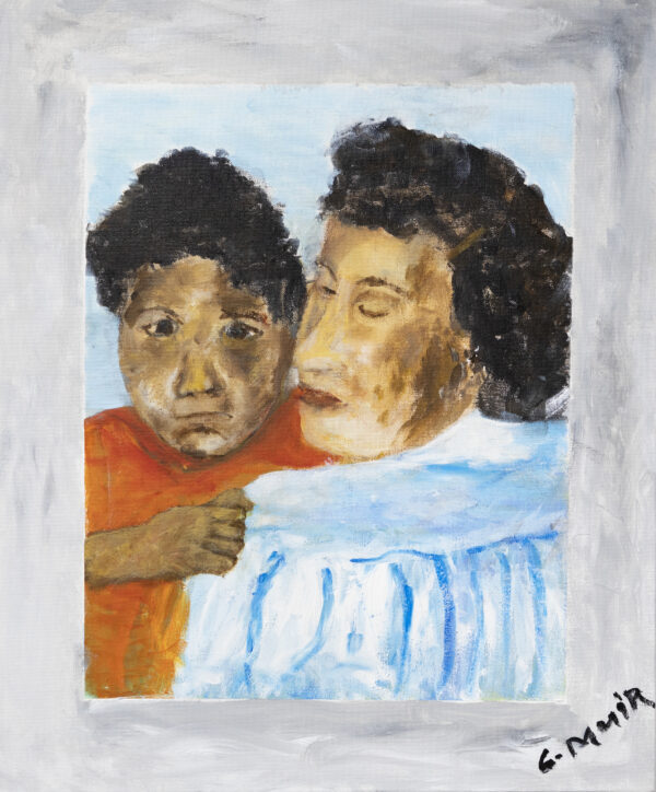 A portrait painted from a photo of artist Greg Muir when he was a young kid being held by a nurse. The nurse wears a blue top and has dark curly hair. Her eyelids are lowered, looking at Greg as she holds him in her arms.
