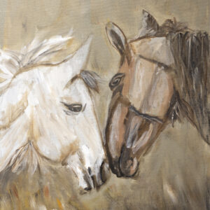A white and brown horse painted touching noses.