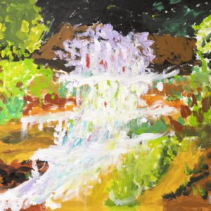 A landscape painting of a brightly coloured waterfall. Water flows white down brown rock formations covered in algae-like bright green foliage, splashing down into a rock pool.