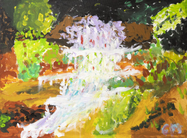 A landscape painting of a brightly coloured waterfall. Water flows white down brown rock formations covered in algae-like bright green foliage, splashing down into a rock pool.